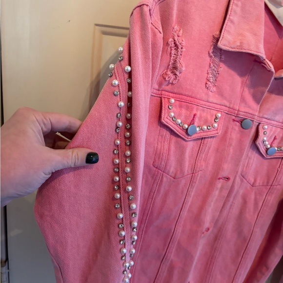Anthropologie Savanna Jane Pink Jean Jacket with Pearl Details - Picture 4 of 5